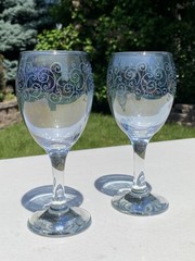 STUNNING Pair Of Blue Cristalleria Fratelli Fumo Wine Glasses Hand Made Italy