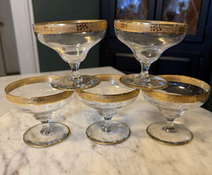 Set of Five Clear Glass Gold Trimmed Champagne / Sherbert Glasses