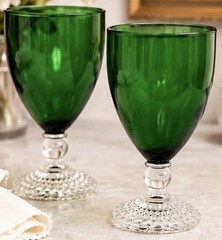 Set of 2 Anchor Hocking Boopie Emerald Green Bubble Foot Water Goblet Glasses