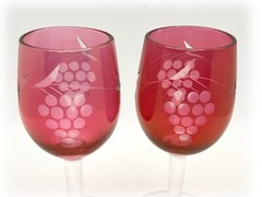 3 Vintage Cranberry Stain Etched Grape Cordial Glasses Holiday Barware