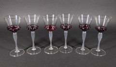 Set of 6 Vintage Venetian Murano Glass Wine Goblets Clear w Red Trim 6.25″ H