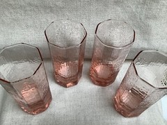 Vintage Libbey Facets 4 Pink Peach Glasses 16 oz Tumbler Textured Octagon 6 1/2”