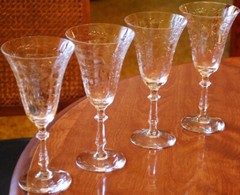 SENECA Antique Set 4 ETCHED CRYSTAL WATER GOBLET GLASSES Hand Blown OPTIC Floral