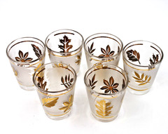 Vintage Libbey Golden Foliage Shot Glasses 6 Gold Leaf Frosted Barware MCM