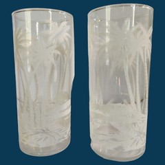 White Palm Tree Clear Highball Drinking Glasses Set Of 2 Tiki Beach Hawaii 12oz