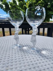 Vtg Crystal Bayel Bacchante Wine Glass Frosted Nude Female Stem Set Of 2