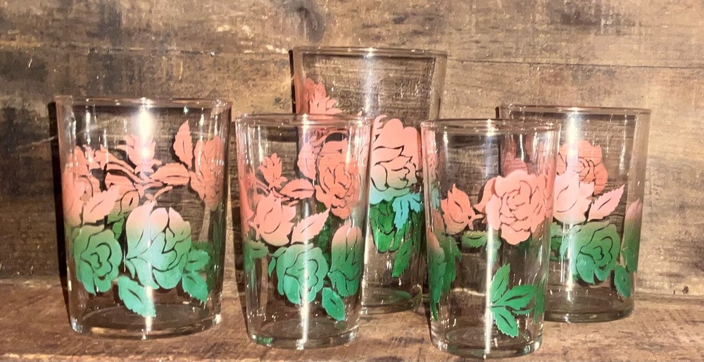 Vtg. Federal Glass Pink Rose to Green Leaf Drink Glasses 5 in 3 different sizes