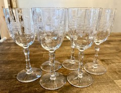 Vintage Set 6 Etched Paneled Cordial Wine Glass Grapes/Vines Tiffin Style 10oz