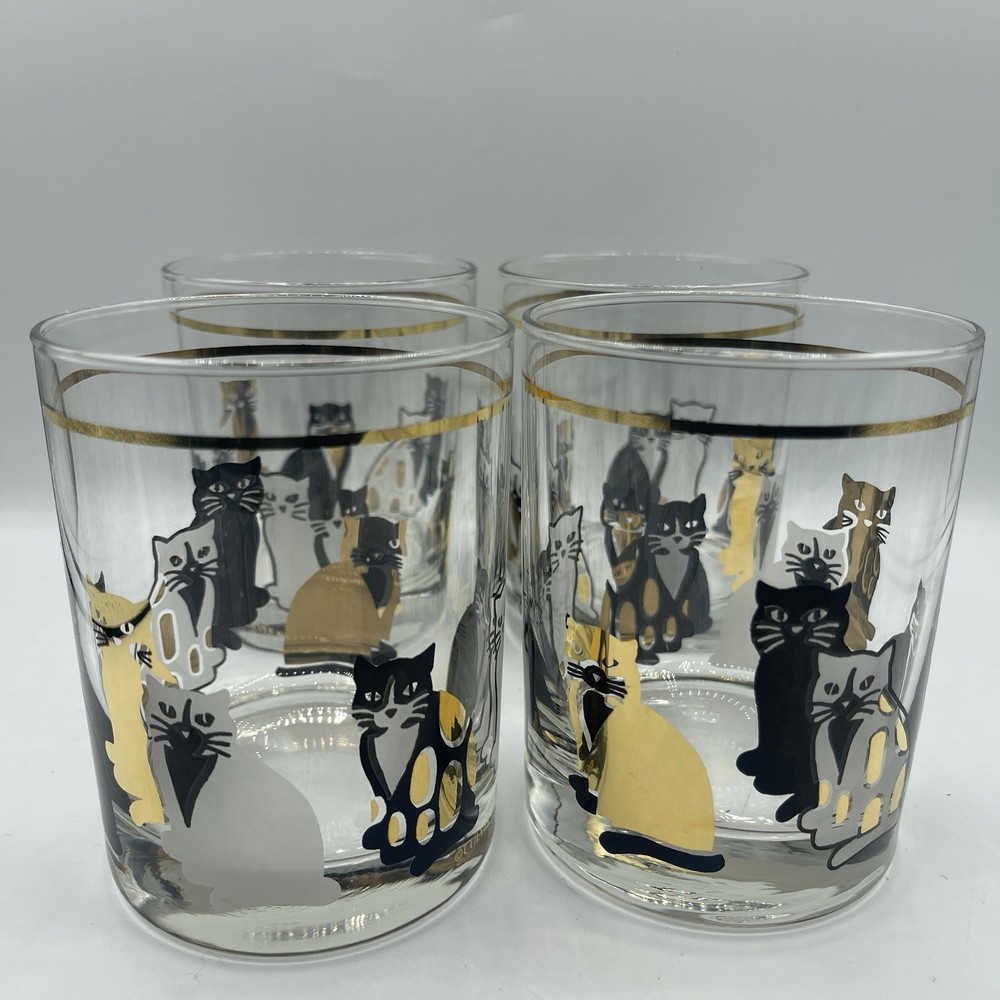 Vtg MCM Culver Cats Double Old Fashioned Glasses Set of 4 22k Gold trim Flaws