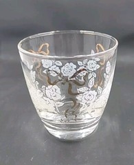 VTG Libbey 8oz.Tumblers Drinking Glasses White Roses Gold Bow Gold Rim set of 4