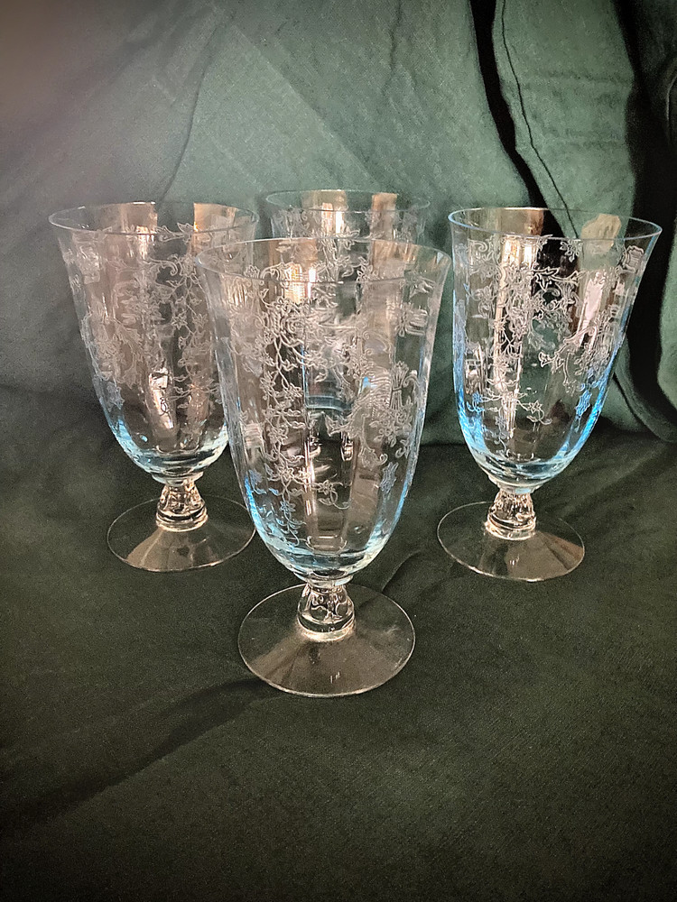Fostoria June Blue Vintage Etched Crystal Iced Tea Set of 4 Wedding Glasses