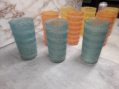 Vintage 1950s Rubber Spaghetti String Glass Tumblers Set Of 12 MCM 5.5″ Tall