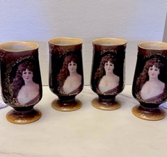 Antique ( 4 ) Jungfrau Porzellan *Footed Goblets Victorian Lady Portrait