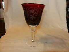 Vintage Large Red and Clear Glass Goblet With Etched White Filigree 7.75″ Tall