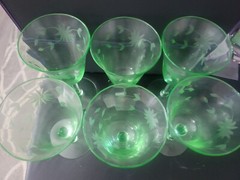 Green Depression Uranium Glass Cut Floral & Band #UNK458G Set of 6