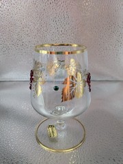 VTG Gold Trim Glass Goblet Red Green Sequins Grapes Leaves W Germany 3 3/4″ Tall