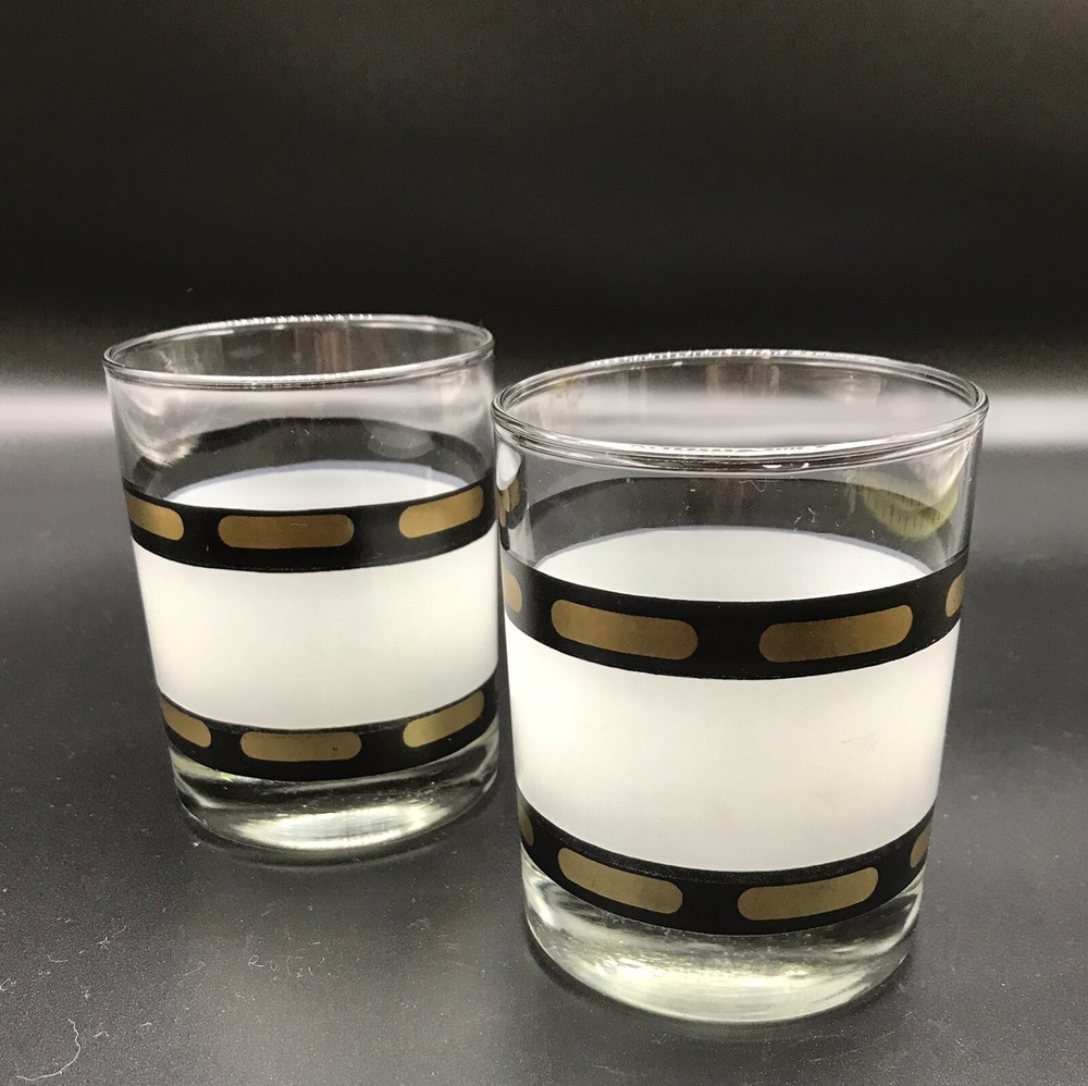MCM Pair of MCM Culver Barware Glasses Clear Satin Black Gold Banding 8 oz