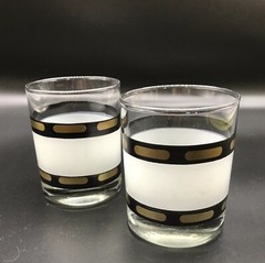 MCM Pair of MCM Culver Barware Glasses Clear Satin Black Gold Banding 8 oz