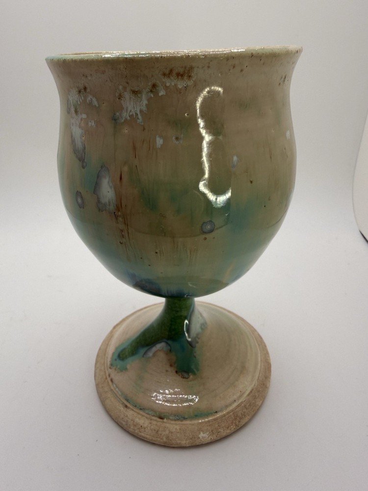 Studio Pottery Goblet Signed Sally T Drip Glaze Chalice Cup Handmade Art Pottery