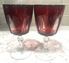 Pair Of VTG Cristal d’ Arques Ruby Red Cut to Clear Gothic Wine Water Glasses