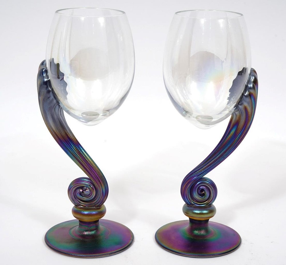 Igor Muller, Bohemia Signed Iridescent Scroll Stem Wine Glass, 8 1/4″ Set of 2