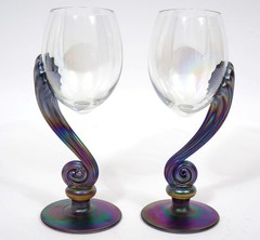 Igor Muller, Bohemia Signed Iridescent Scroll Stem Wine Glass, 8 1/4″ Set of 2