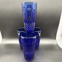 (4) Arcoroc Royal Sapphire Cobalt Blue Beverage Glasses Palm Leaf France 14oz
