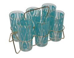 MCM Atomic Starburst Blue Teal Turquoise Highball Glasses with Original Carrier