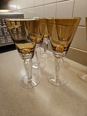 6 Waverly Bijoux Amber Large Bubble At Base, Water Goblet/ Wine Glasses, Handblo