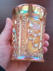 Electric Marigold Intaglio Cherry Terry Crider Art Glass Carnival Glass Tumbler