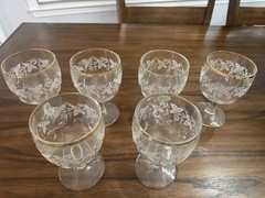 6-VTG Bartlett-Collin’s Etched Glass Thumbprint “Decorations 806” Clear Goblets