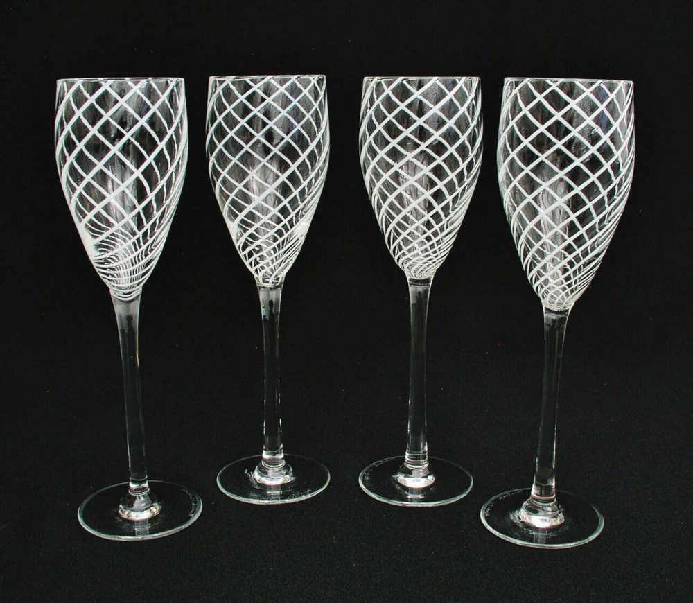 (4) STEVEN MASLACH 9 7/8″ LATTICINO SWIRL WINE GOBLETS – SIGNED & DATED 12/3/74