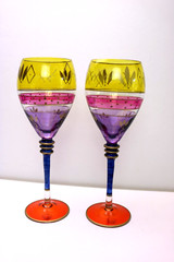 Romania Euroglass 2 Wine Glasses Multicolor Purple Blue Yellow Hand Painted Gold