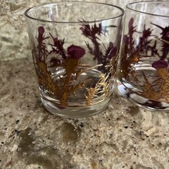 Gregory Duncan Purple Thistle Pattern 3″ Glass Tumbler Set 2 EUC