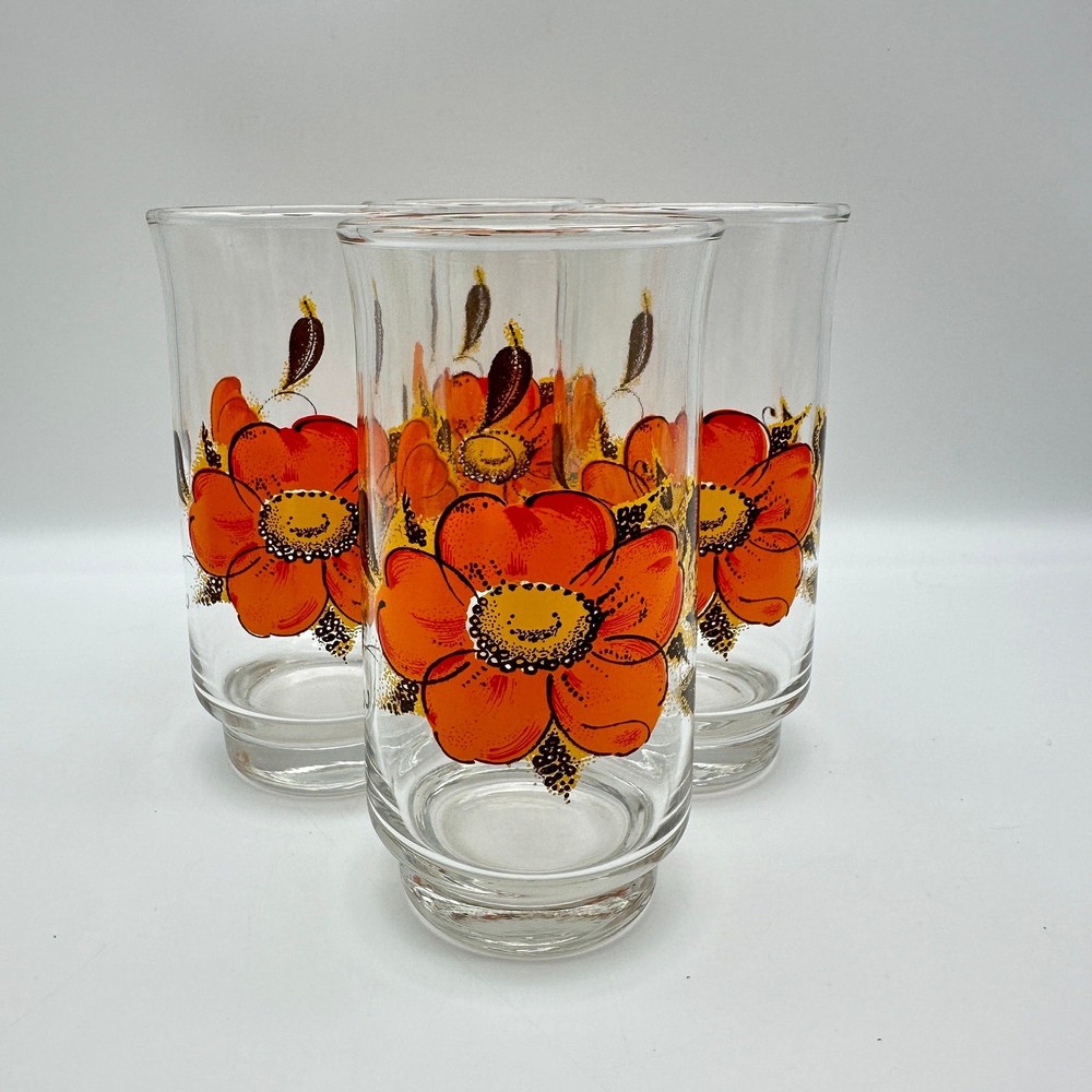 Dominion Glass, Orange Poppy Floral Design, 5 1/2″ Tall, Set of 4, 70’s Design