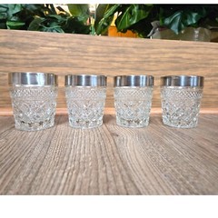 4 Vntg Anchor Hocking Wexford Old Fashioned Whiskey Silver Trim Glasses W Box