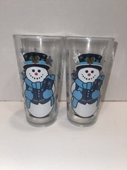 2 vintage KIG Indonesia Snowman 6” 14 Oz Glasses Tumblers mint!