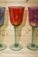 Blue, Red, Pink, Yellow (4) Wine Goblets, 8 1/2″ Hand Blown w/ Green Stem (G34)