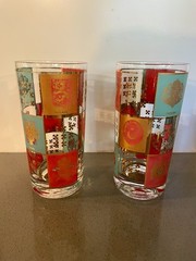 MCM Fred Press Highball Glasses Coat of Arms, Turquoise, Pink and Gold, Set of 2