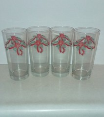 4 Anchor Hocking Poinsettia and Holly Ribbon Drink Glasses Christmas Barware