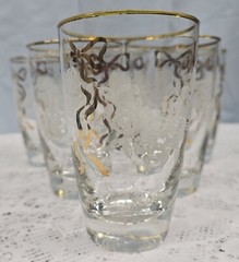 6 Vintage Libbey Rose Classic White Roses & Gold Ribbon Design 8 OZ 4-5/8in