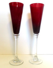 Pier 1 Ruby Red Ribbed Tall Champagne Flutes Optic Design 11″ VTG 1990s / 2