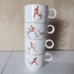 Grace Fine Porcelain Christmas Snowman Mugs Set of 4 Gold Rim 3.5″ Holiday Cups