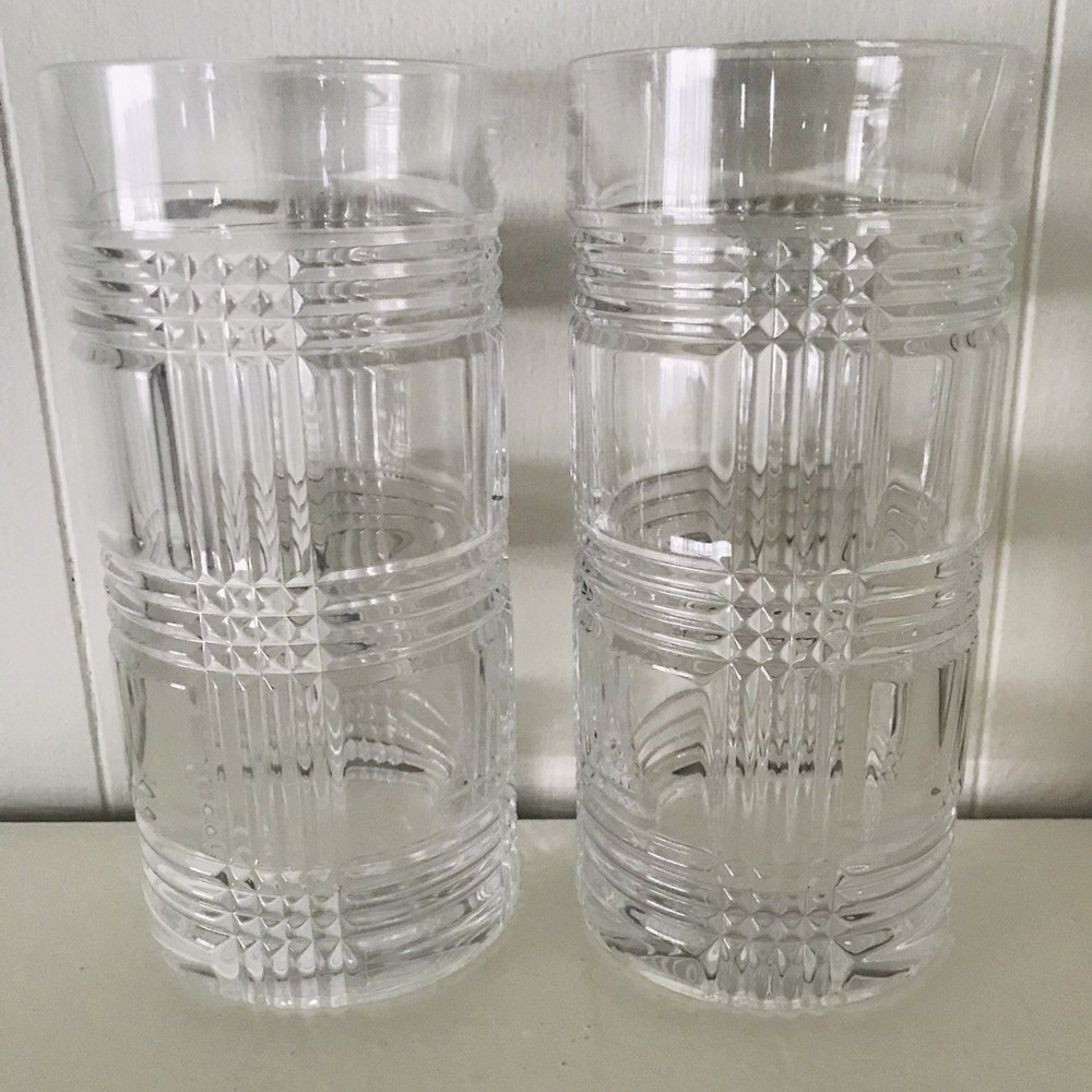 2 – Ralph Lauren GLEN PLAID Cut Crystal Highball Glasses 6 1/4″, 14 oz