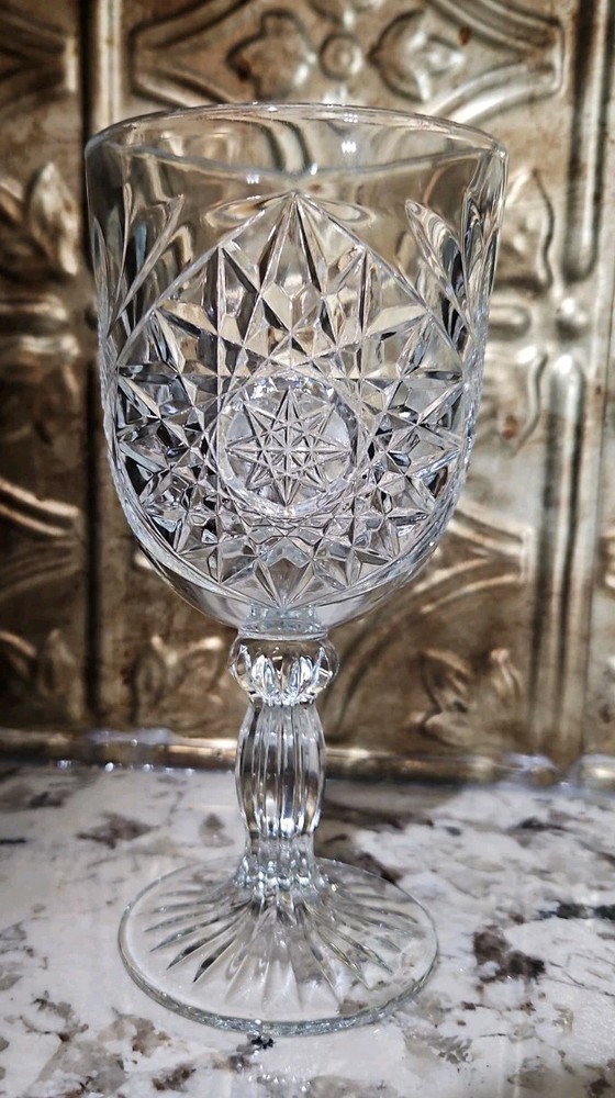 Libby Hobstar Stem Heavy Cut Wine Goblet Drinking Glass 12oz Vintage 7 in Clear