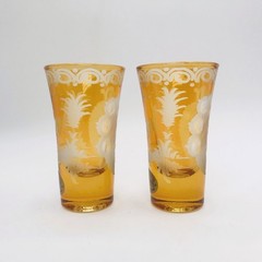 2 NEW Bohemian Mirror Amber Cut To Clear Crystal Cordial Shot Glasses SHIPS FREE