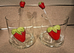 Strawberry Drinking Glasses w/ Acrylic Strawberry Topped Stirrers Set of 2