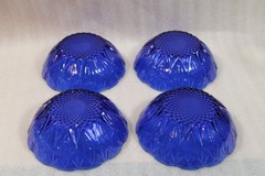 4 AVON Royal Sapphire 6.25″ Cereal Bowls France Glass Cobalt Blue Cut Fan MIB AD