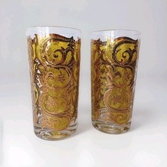 MCM Highball Glasses Gold Over Yellow Swirls Flowers On Clear Glass 5.5in Pair 2