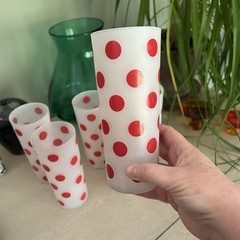 Vintage Red Polka Dot Frosted Glass Tumblers MCM Set Of 6 Anchor Hocking?
